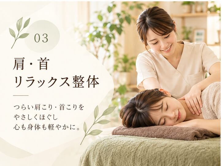 肩と首まわりをやさしくほぐす施術イメージ