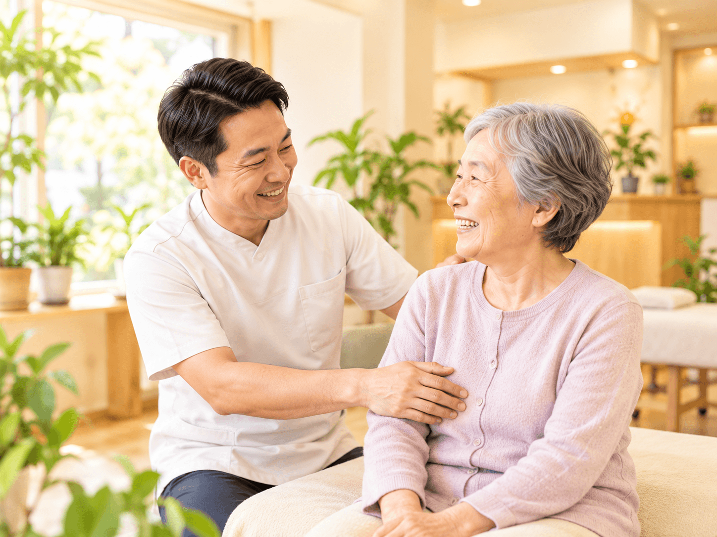 肩まわりの状態について利用者と話す整体師